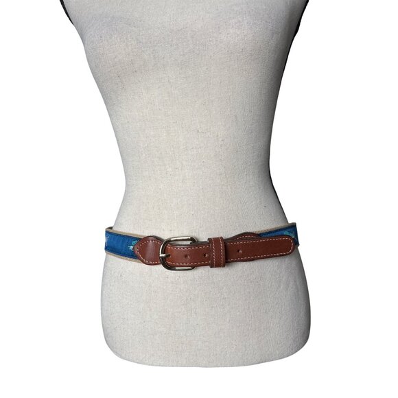 OFFSHORE SLAM Belt Saltwater Fish WOVEN RIBBON Solid Brass Buckle Blue Size 32 - Picture 2 of 4